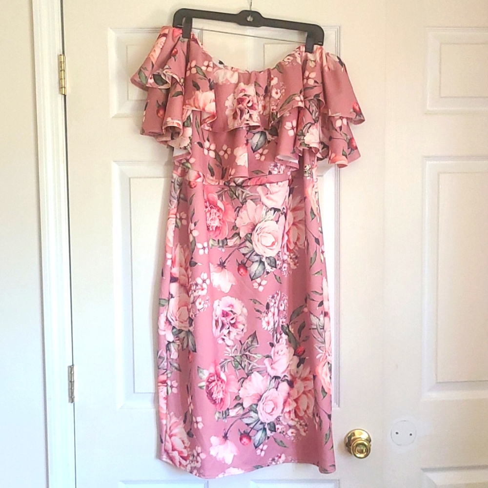Floral off the shoulder bodycon dress, Boohoo size 20